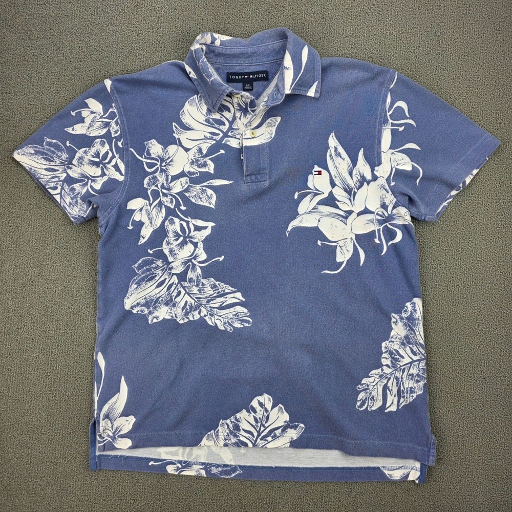 Tommy Hilfiger Tropical Floral Polo Shirt Womens Blue Hibiscus Monstera S/P